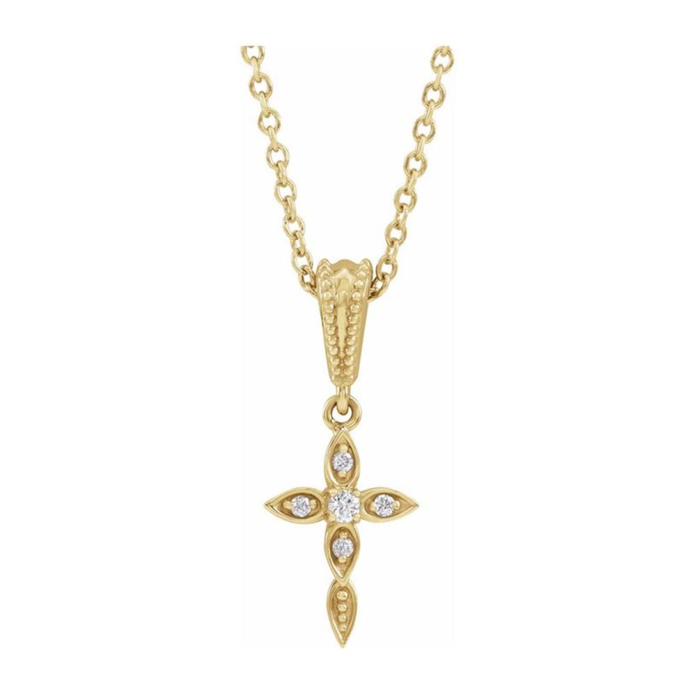 14K Yellow Gold .03Ctw Diamond Petite Vintage Cross Necklace, 16-18 In